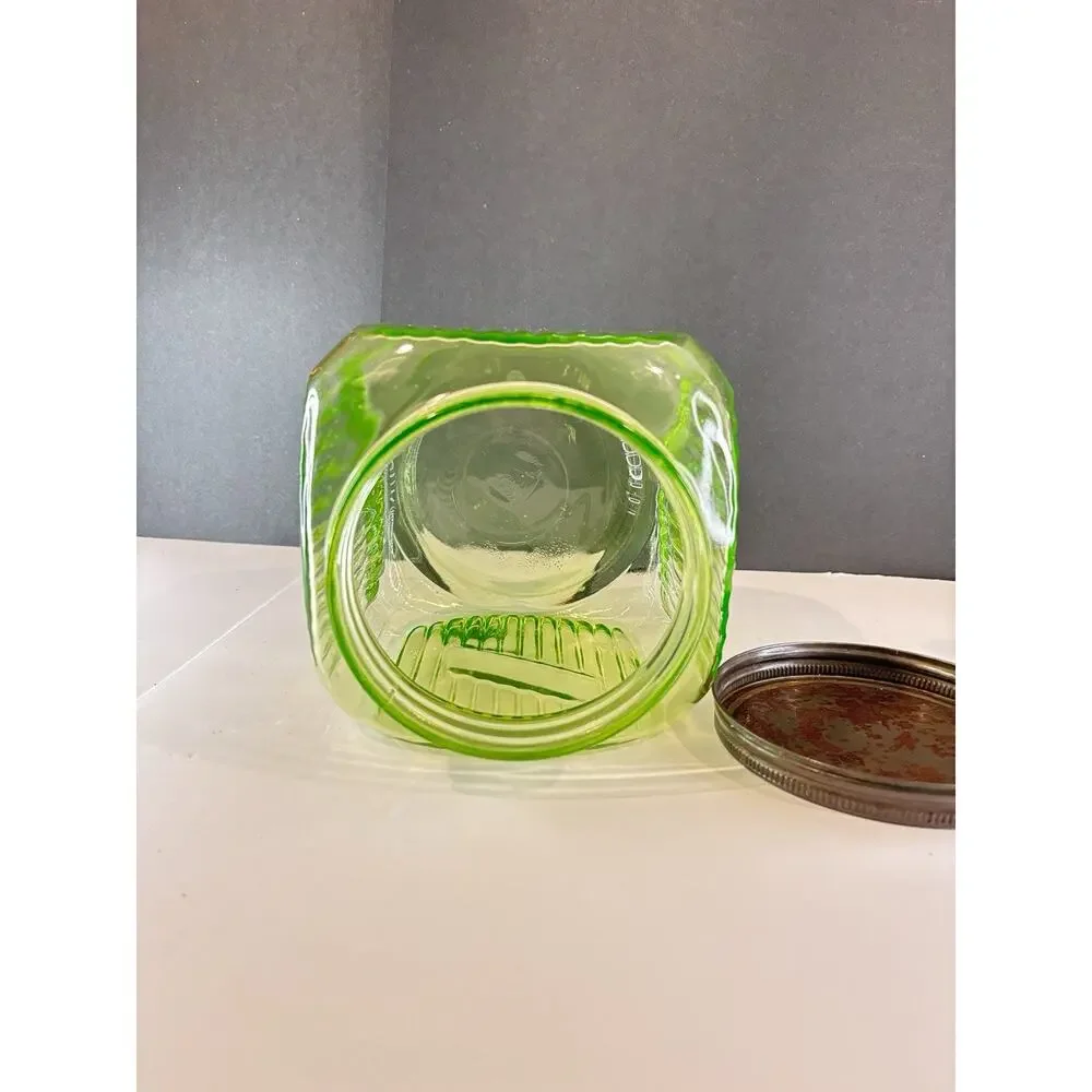 1930s Uranium Vaseline Glass Hoosier Style Canister Jar Ribbed UV Glow Lid